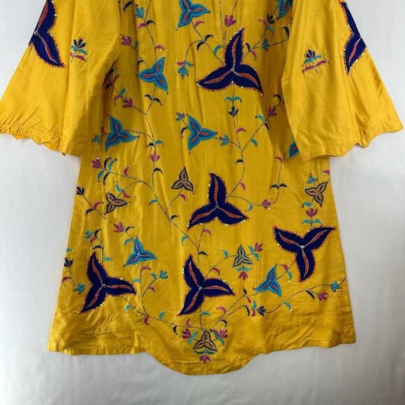 India Home Textile Dress Womens Sz M Golden Yellow Long Sleeve Lined Embroidered - Picture 4 of 12